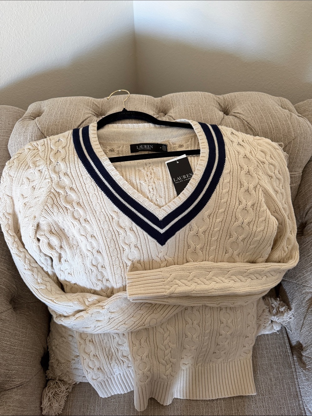 Lauren Ralph Lauren Cream Cable-Knit V-Neck Sweater with Navy Stripe